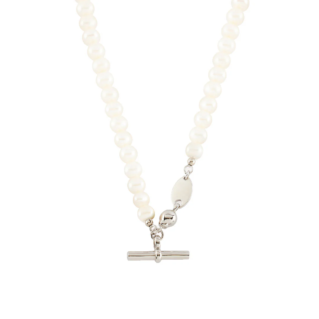 Silver Pearl T-Bar Necklace - Image 3